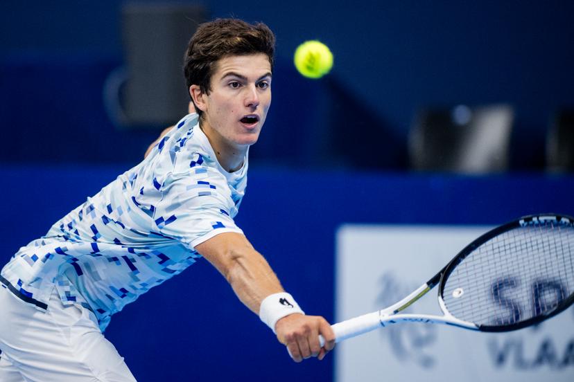 Belgian Gilles-Arnaud Bailly pictured in action during a tennis match in the qualification phase for the ATP European Open Tennis tournament in Antwerp, Monday 14 October 2024. BELGA PHOTO JASPER JACOBS