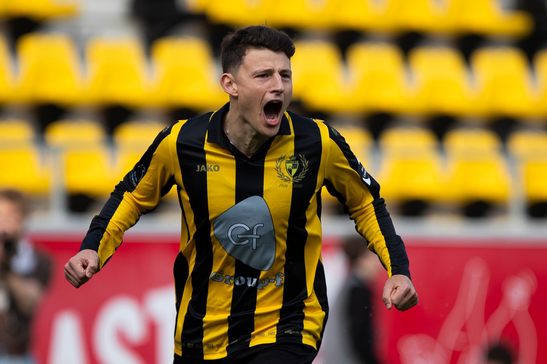 Lierse's Jenthe Mertens celebrates after scoring during a soccer game between Lierse SK and Club NXT, Saturday 07 March 2026 in Lier, on day 28 of the 2025-2026 'Challenger Pro League' 1B second division of the Belgian championship. BELGA PHOTO KRISTOF VAN ACCOM