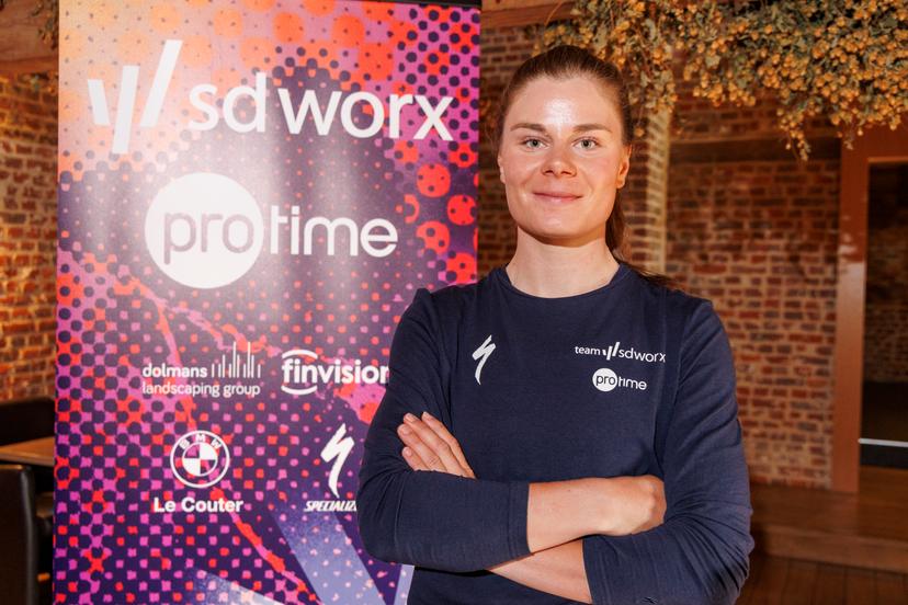 Belgian Lotte Kopecky of SD Worx-Protime pictured during a press conference of the SD Worx-Protime cycling team ahead of the Ronde van Vlaanderen / Tour des Flandres / Tour of Flanders cycling race, Thursday 03 April 2025 in Aalst. The 109th edition of the cycling race will take place on Sunday 06 April. BELGA PHOTO NICOLAS MAETERLINCK