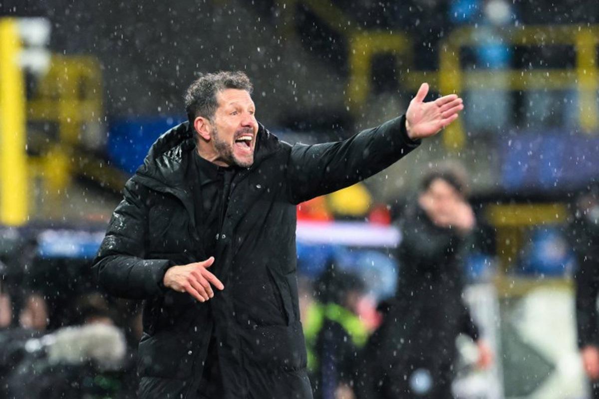 Atletico Madrid's Argentine coach Diego Simeone gestures during the UEFA Champions League knockout round play-off first leg football match between Club Brugge and Atletico Madrid at the Jan Breydel Stadium in Brugge on February 18, 2026.  NICOLAS TUCAT / AFP