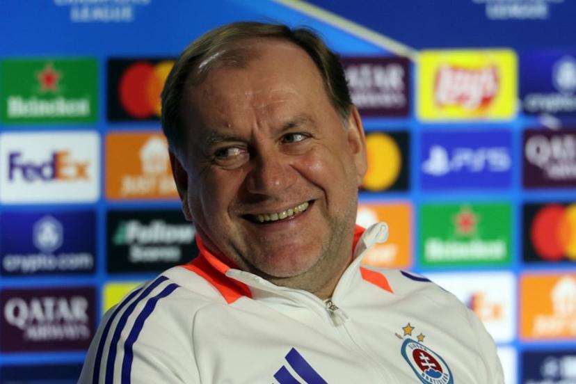Slovan Bratislava's coach Vladimir Weiss gives a press conference on the eve of the UEFA Champions League football match against Atletico Madrid, at the Metropolitano stadium in Madrid on December 10, 2024.   Pierre-Philippe MARCOU / AFP