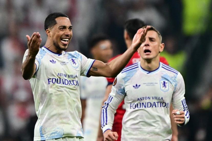 Aston Villa's Belgian midfielder #08 Youri Tielemans celebrates after scoring his team's first goal during the UEFA Europa League final football match between SC Freiburg and Aston Villa at Besiktas Park in Istanbul on May 20, 2026.  YASIN AKGUL / AFP