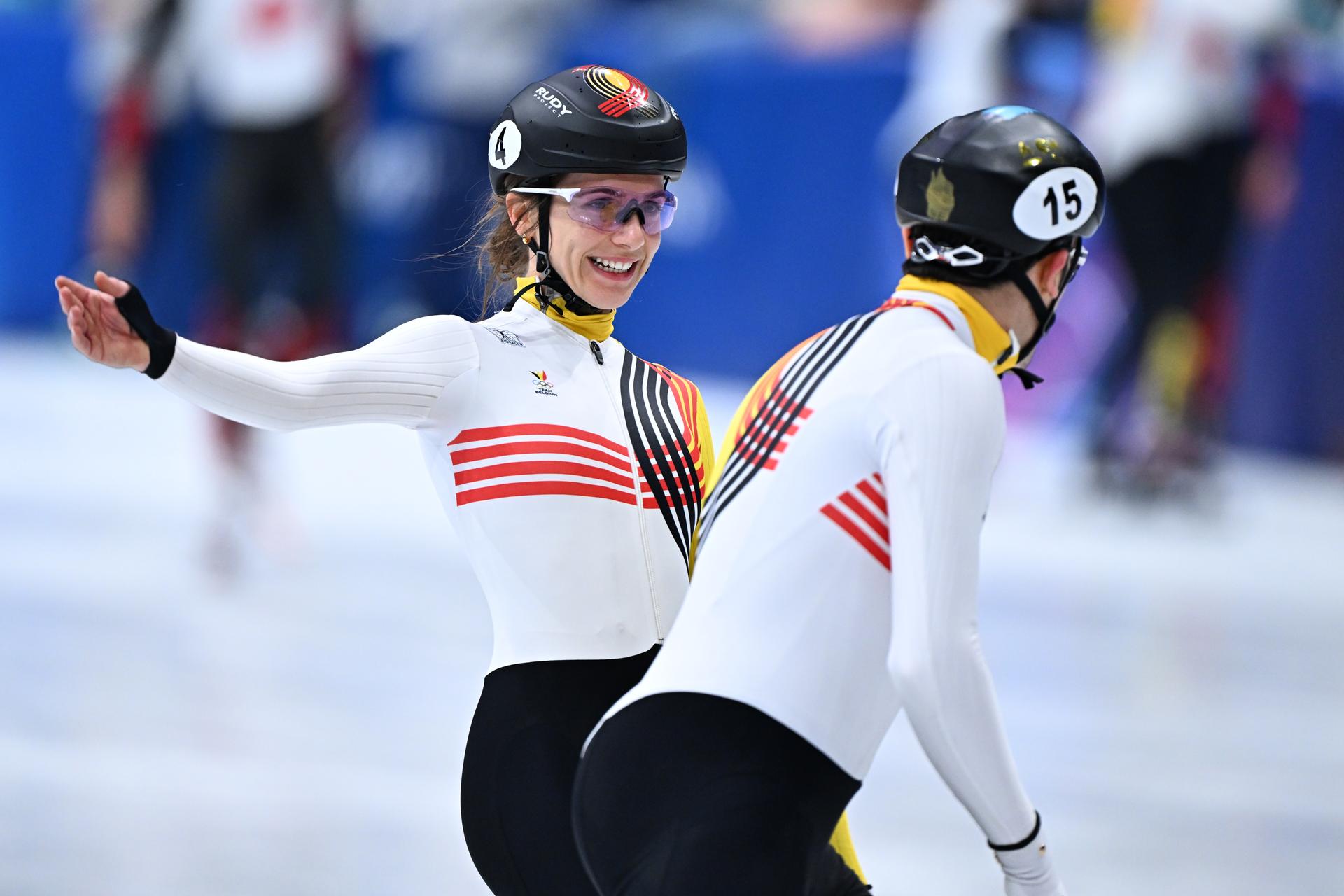 Belgian shorttrack skater Hanne Desmet and Belgian shorttrack skater Stijn Desmet celebrate a bronze medal in the Final of the Mixed Team Relay of the Short Track Speed Skating competition at the Milano Cortina 2026 Olympic Winter Games, on Tuesday 10 February 2026 in Milan, Italy. The XXV Winter Olympics take place from 6 to 22 February 2026 in Italy. BELGA PHOTO JASPER JACOBS