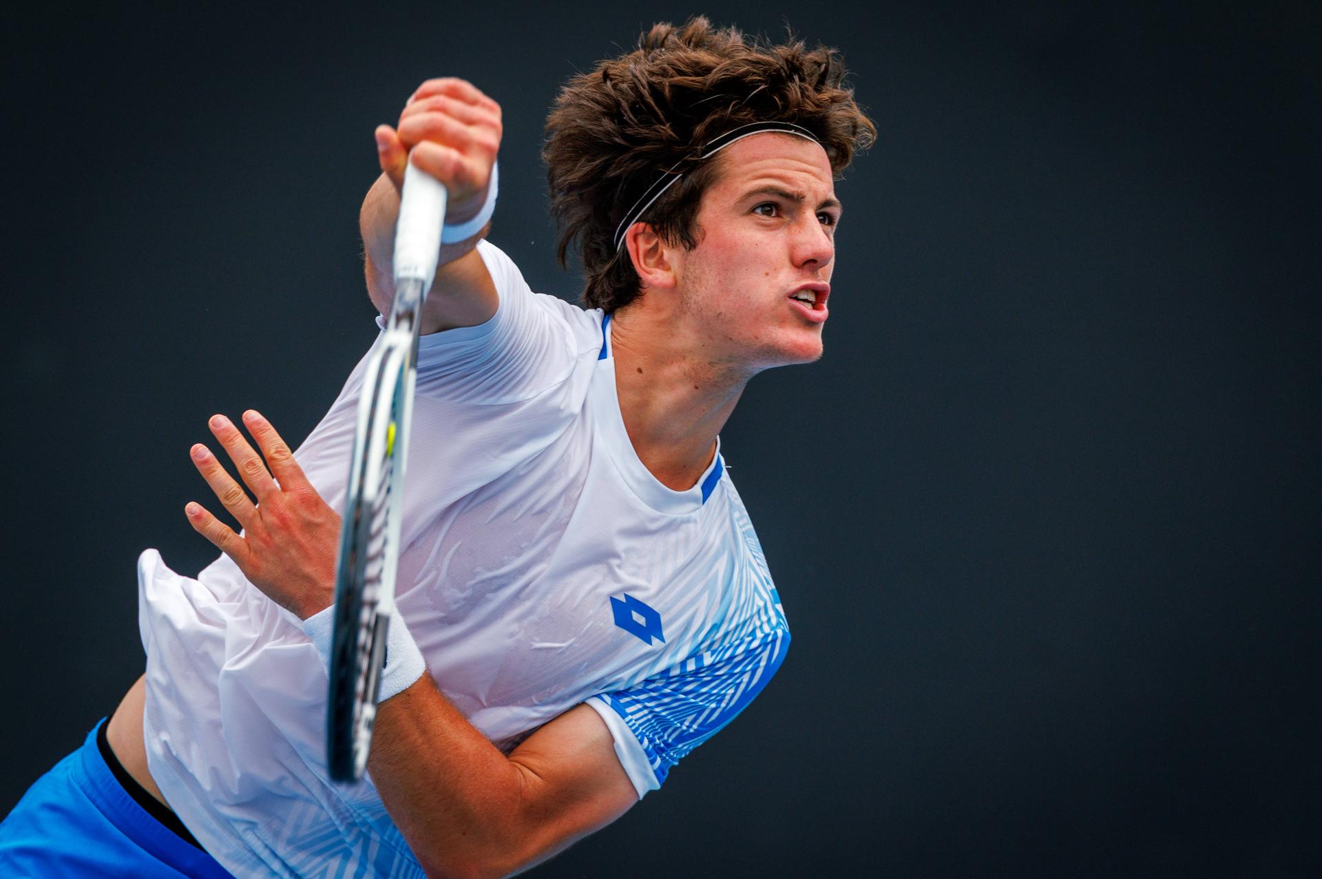 Belgium's Gilles-Arnaud Bailly pictured in action during a third round qualifying match in the men's singles against USA's Damm at the Australian Open, Melbourne Park, Melbourne on Thursday 15 January 2026.  BELGA PHOTO PATRICK HAMILTON  --- BENELUX ONLY   ---
