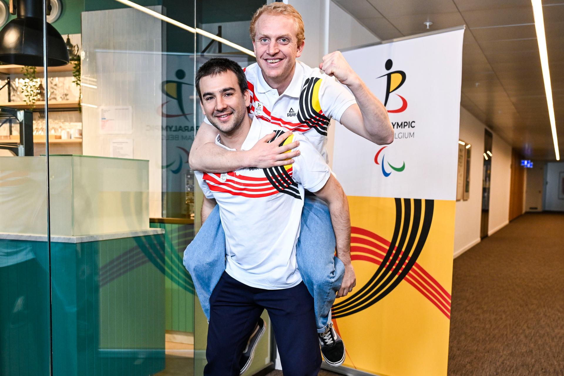 Belgian ski guide Jeremy Mestdagh and Belgian skier Maximilien Seeger pose for the photographer after a press conference of the Paralympic Team Belgium to present the athletes representing Belgium at the 2026 Paralympic Winter Games in Cortina d'Ampezzo and Milan (from March 6 to 15), on Tuesday 24 February 2026, in Brussels. BELGA PHOTO TOM GOYVAERTS