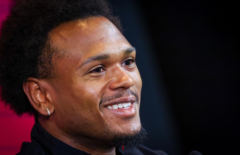 Belgium's Lois Openda pictured during a press conference of the Belgian national soccer team Red Devils, at the Royal Belgian Football Association's training center, in Tubize, Tuesday 14 November 2023. The Red Devils are playing a friendly game against Serbia on Wednesday. BELGA PHOTO VIRGINIE LEFOUR