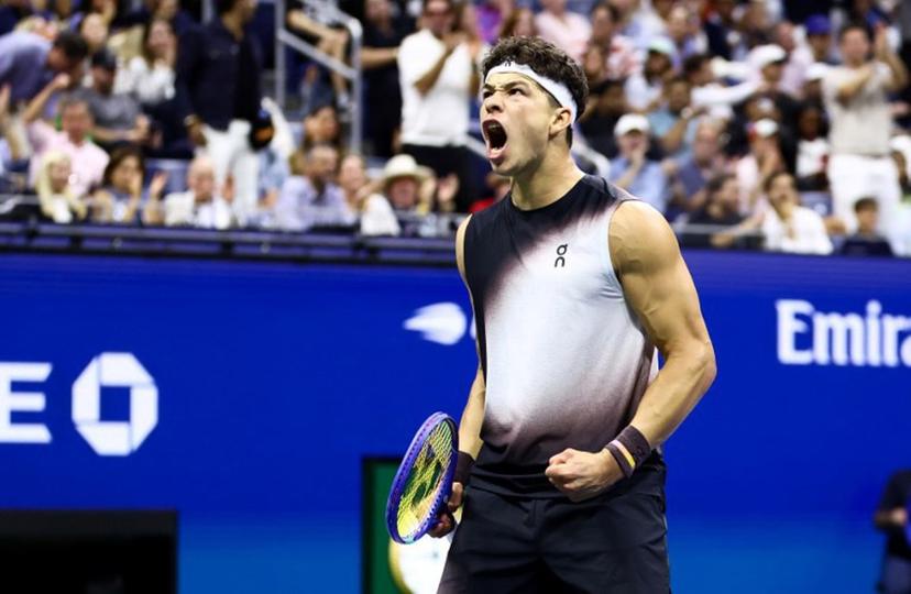 USA's Ben Shelton reacts during the men's singles semi-final tennis match against USA's Frances Tiafoe on day thirteen of the US Open tennis tournament at the USTA Billie Jean King National Tennis Center in New York City on September 11, 2026.  CHARLY TRIBALLEAU / AFP