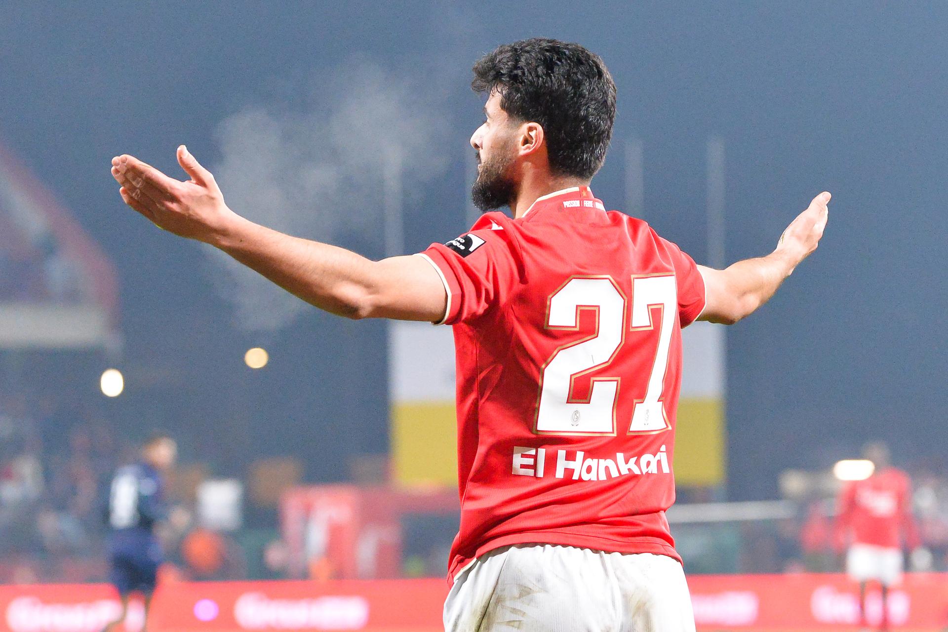 Standard's Mohammed El Hankouri looks dejected during a soccer match between Standard de Liege and Zulte Waregem, Friday 21 November 2025 in Liege, on day 15 of the 2025-2026 'Jupiler Pro League' first division of the Belgian championship. BELGA PHOTO JILL DELSAUX