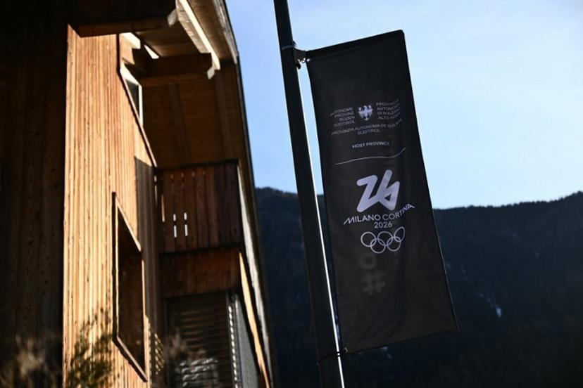 A banner with the logo of Milano Cortina 2026 Olympic Games is pictured in Anterselva / Antholz where the Biathlon Arena will host the competition, on January 24, 2025.   Marco BERTORELLO / AFP