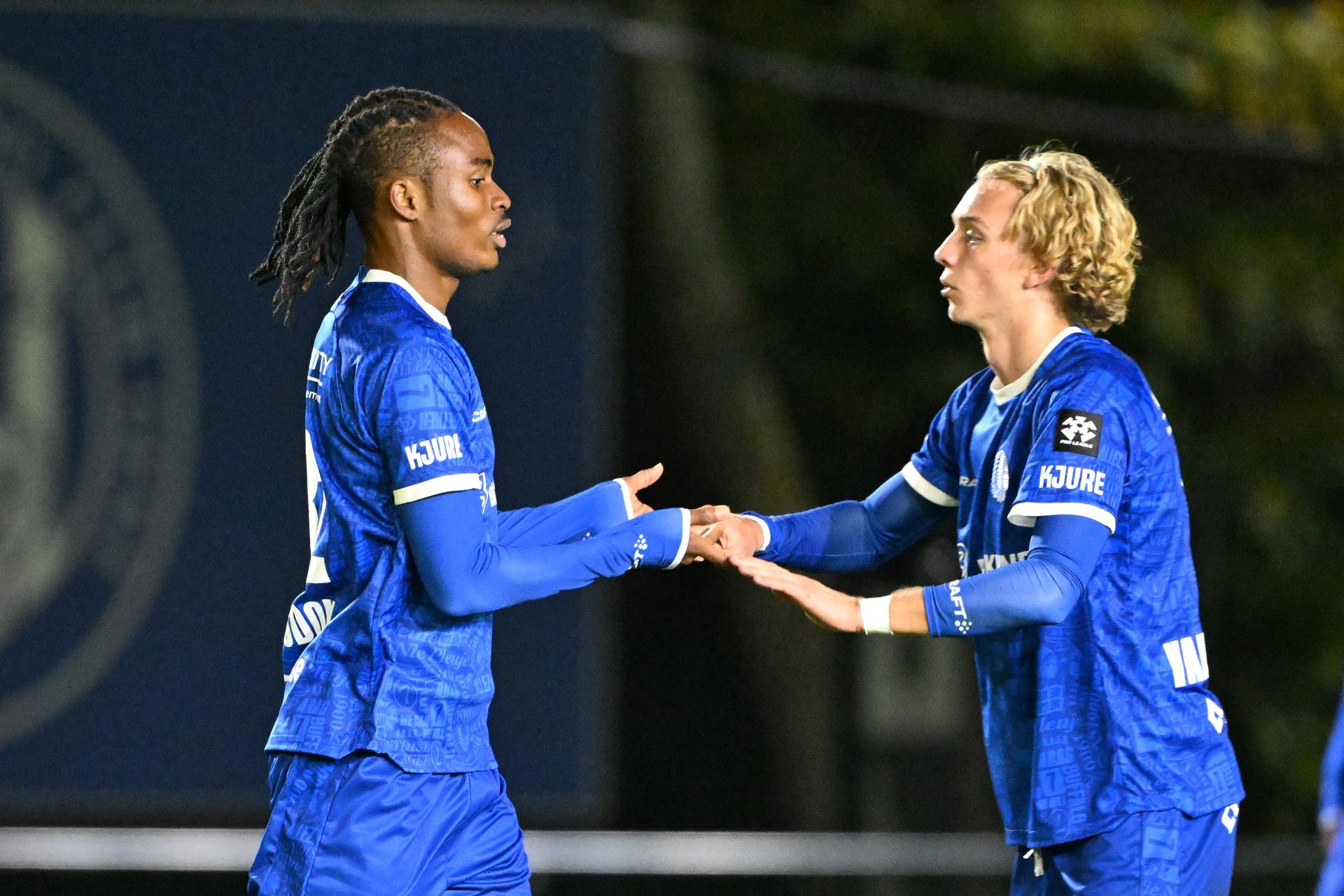 Jong Gent's Daniel Wisdom celebrate after scoring the 2-2 goal during a soccer match between Jong KAA Gent and FCV Rfc Seraing, Sunday 11 October 2026 in Gent, on day 7 of the 2026-2027 'Challenger Pro League' second highest division of the Belgian championship. BELGA PHOTO MAARTEN STRAETEMANS