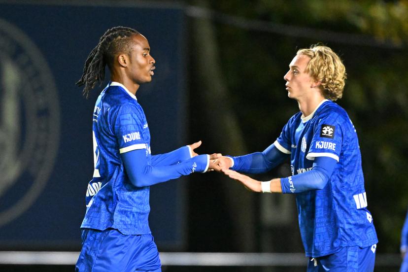 Jong Gent's Daniel Wisdom celebrate after scoring the 2-2 goal during a soccer match between Jong KAA Gent and FCV Rfc Seraing, Sunday 11 October 2026 in Gent, on day 7 of the 2026-2027 'Challenger Pro League' second highest division of the Belgian championship. BELGA PHOTO MAARTEN STRAETEMANS