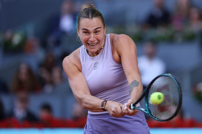Belarus' Aryna Sabalenka returns the ball to US' Coco Gauff during their 2025 WTA Tour Madrid Open tennis tournament singles final match at the Caja Magica in Madrid, on May 1, 2025.  Thomas COEX / AFP