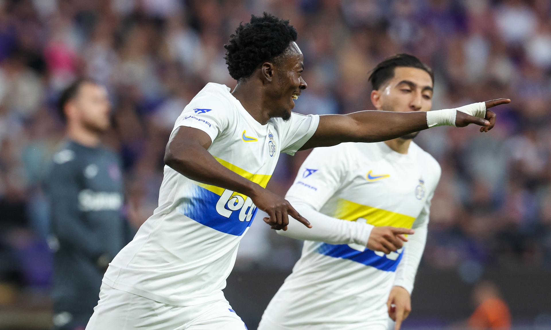 Union's Mohammed Fuseini celebrates after scoring during a soccer match between RSC Anderlecht and Royale Union Saint-Gilloise, Saturday 10 May 2025 in Brussels, on day 8 (out of 10) of the Champions' Play-offs of the 2024-2025 'Jupiler Pro League' first division of the Belgian championship. BELGA PHOTO VIRGINIE LEFOUR
