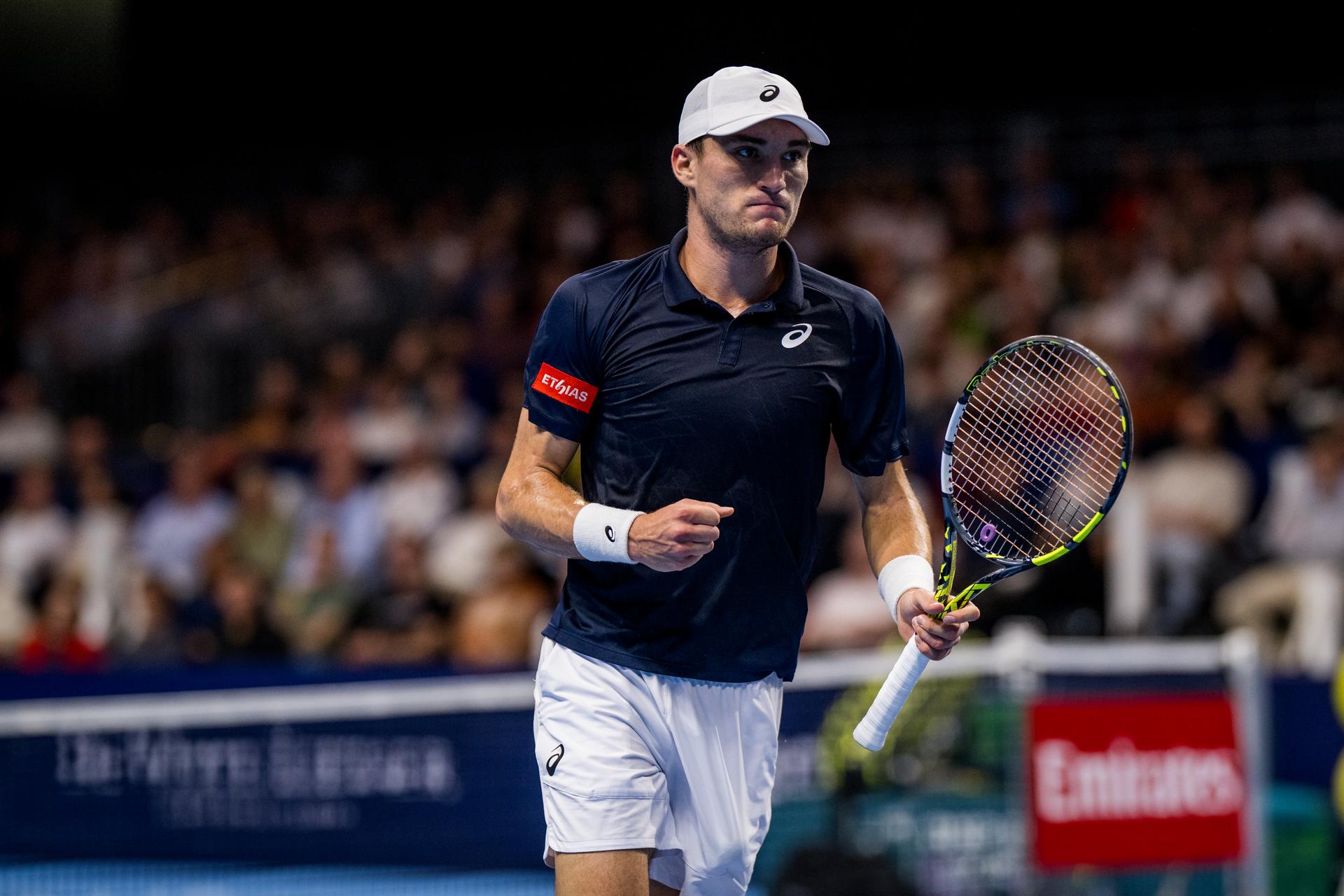 Belgian Raphael Collignon reacts during the European Open ATP tennis tournament in Brussels, on Tuesday 14 October 2025. This year's edition of the tournament is taking place from 12 to 19 October 2025. BELGA PHOTO JASPER JACOBS