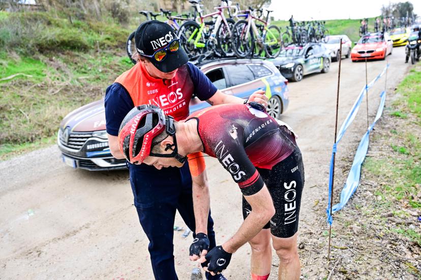 Salvatore Puccio of Ineos Grenadiers is injured during the men's elite race of the 'Strade Bianche' one day cycling race (215km) from and to Siena, Italy, Saturday 02 March 2024. BELGA PHOTO DIRK WAEM