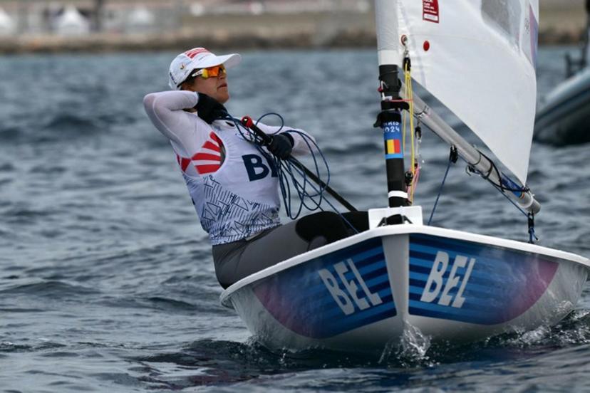 Belgium's Emma Plasschaert prepares for the medal race of the women's ILCA 6 single-handed dinghy event during the Paris 2024 Olympic Games sailing competition at the Roucas-Blanc Marina in Marseille on August 7, 2024.   Christophe SIMON / AFP