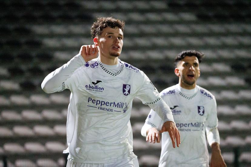 Patro Eisden's Leandro Rousseau celebrates after scoring during a soccer game between Club NXT and Patro Eisden Maasmechelen, Friday 13 February 2026 in Roeselare, on day 25 of the 2025-2026 'Challenger Pro League' 1B second division of the Belgian championship. BELGA PHOTO KURT DESPLENTER