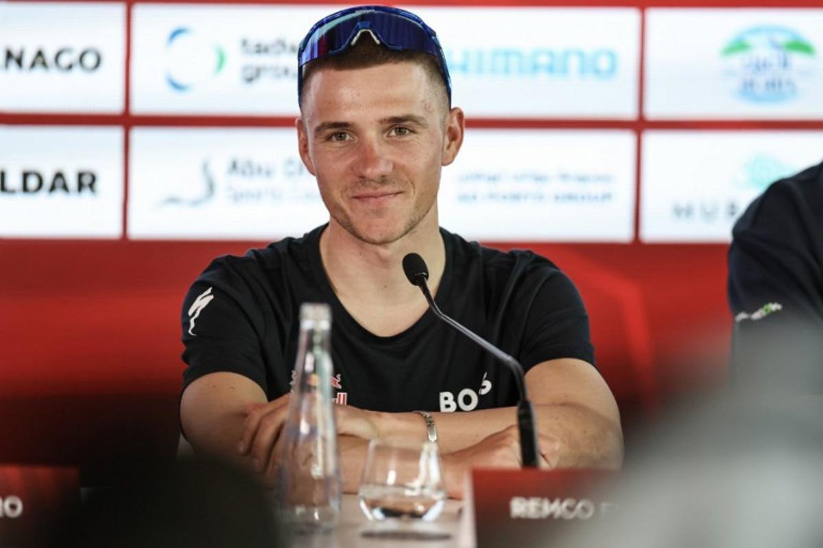 Redbull-Bora-Hansgrohe team's Belgian rider Remco Evenepoel attends a press conference on the eve of the UAE Tour cycling event in Abu Dhabi on February 15, 2026.  FADEL SENNA / AFP