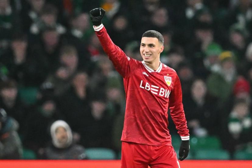 Stuttgart's Moroccan midfielder #11 Bilal El Khannouss celebrates after scoring the opening goal of the UEFA Europa League knockout round playoff, 1st leg football match between Celtic and Stuttgart at Celtic Park in Glasgow on February 19, 2026.  ANDY BUCHANAN / AFP