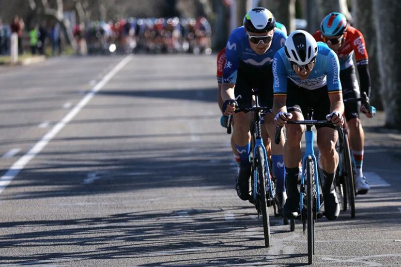 Decathlon AG2R La Mondiale Team's Belgian cyclist Dries De Bondt (R) leads in the breakaway during the 5th stage of the Paris-Nice cycling race, 193,5 km between Saint-Sauveur-de-Montagut and Sisteron, on March 7, 2024.  Thomas SAMSON / AFP