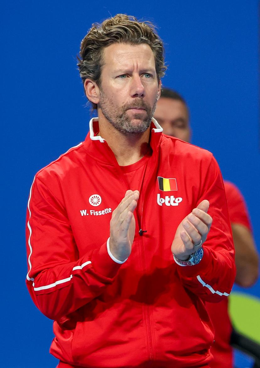 Belgian team captain Wim Fissette celebrates during a tennis match between Ukrainian Svitolina and Belgian Minnnen, the second rubber in the tie between Belgium and Ukraine in the Quarter Finals of the Billie King Cup tournament, on Thursday 24 September 2026 in Shenzhen, China. BELGA PHOTO VIRGINIE LEFOUR