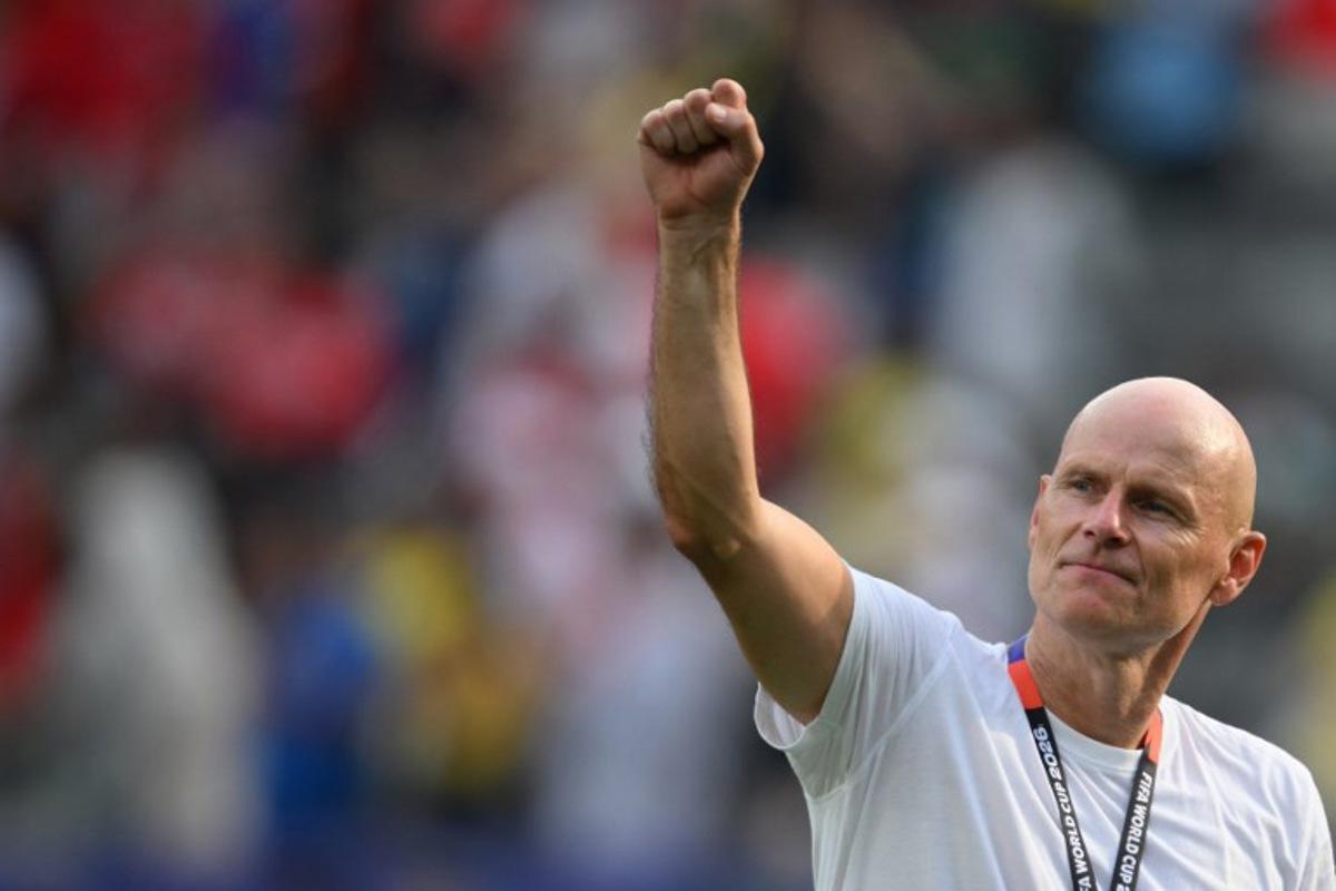Norway's head coach Staale Solbakken celebrates after winning the 2026 World Cup round of 16 football match between Brazil and Norway at the New York/New Jersey Stadium in East Rutherford on July 5, 2026.   ANGELA WEISS / AFP
