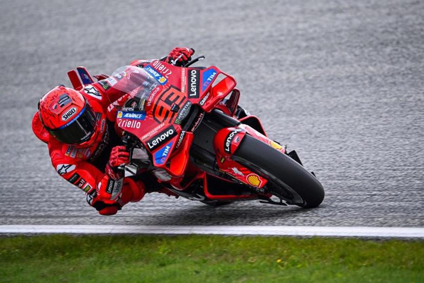Ducati Lenovo team's Spanish rider Marc Marquez drives the warm up session, ahead of  the Austrian MotoGP Grand Prix at the Red Bull Ring race track in Spielberg, Austria, on August 17, 2025.  Jure Makovec / AFP