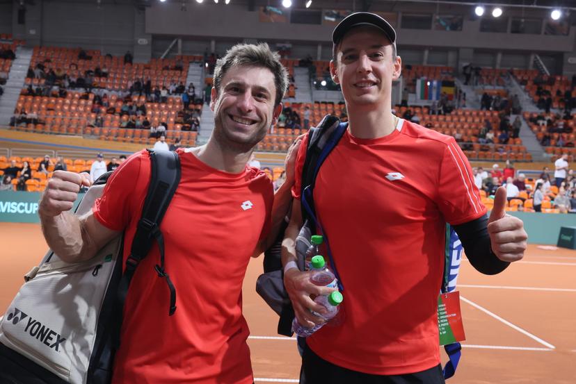 Belgians Sander Gille and Joran Vliegen celebrate after winning a doubles tennis match against Bulgarian pair Donski/Nesterov, match 3 of the qualifier of the Davis Cup on Sunday 08 February 2026, in Plovdiv, Bulgaria. Belgium will compete this weekend in the Davis Cup qualifiers against Bulgaria. BELGA PHOTO BENOIT DOPPAGNE