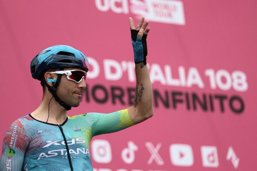 XDS Astana Team's Italian rider Diego Ulissi waves hand during the presentation prior to the first stage of the 108th Giro d'Italia cycling race, 160km from Durres to Tirana in Albania, on May 9, 2025.  Luca Bettini / AFP