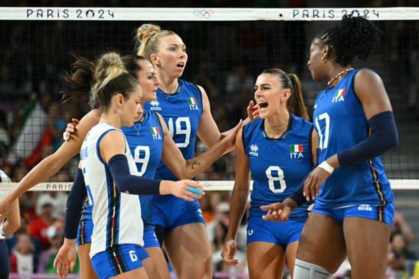 Italy's #19 Sarah Luisa Fahr, Italy's #08 Alessia Orro and Italy's #17 Myriam Fatime Sylla celebrate after a point in the women's volleyball gold medal match between USA and Italy at the South Paris Arena 1 in Paris during the Paris 2024 Olympic Games on August 11, 2024.  Natalia KOLESNIKOVA / AFP