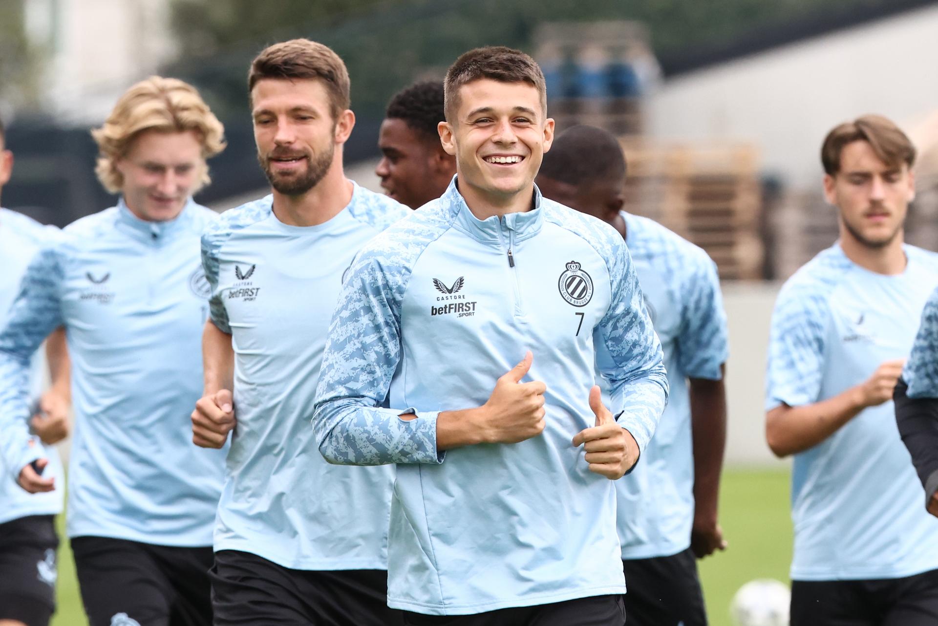 Club's Nicolo Tresoldi pictured during a training session of Belgian soccer team Club Brugge, Monday 18 August 2025 in Brugge. The team will play the scottish team Glasgow Rangers on Tuesday, on the first leg of play-offs of the Champions League tournament. BELGA PHOTO BRUNO FAHY