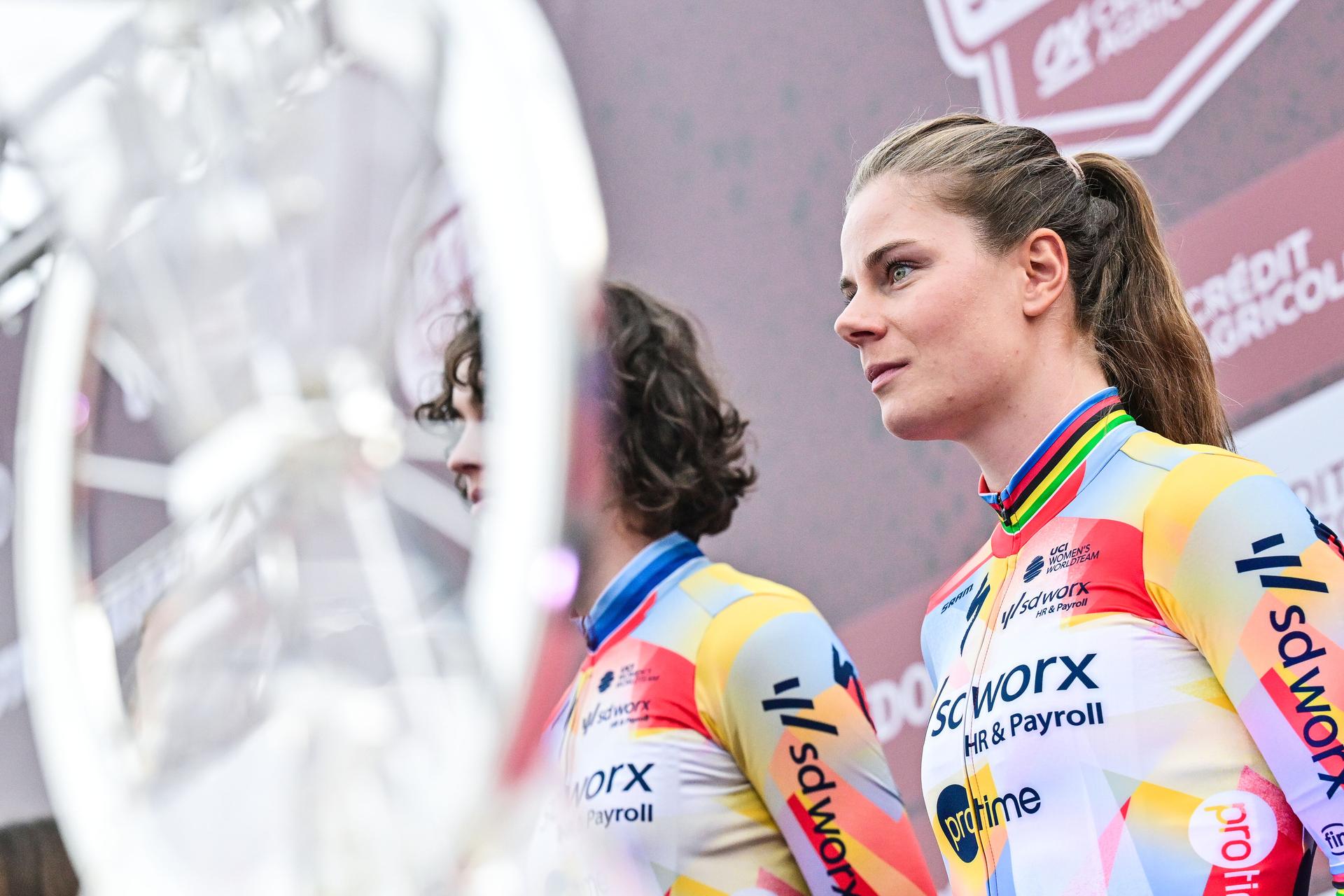 Belgian Lotte Kopecky pictured during the team presentations ahead of the 'Strade Bianche' one day cycling race from and to Siena, Italy, Friday 06 March 2026. BELGA PHOTO DIRK WAEM