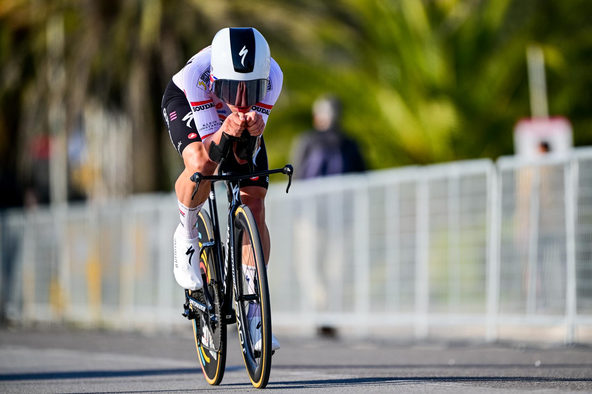 British Ethan Hayter of Soudal Quick-Step pictured in action during the first stage of the Tirreno-Adriatico cycling race, a 11,5km individual time trial in Lido di Camaiore, Italy, Monday 09 March 2026. BELGA PHOTO DIRK WAEM