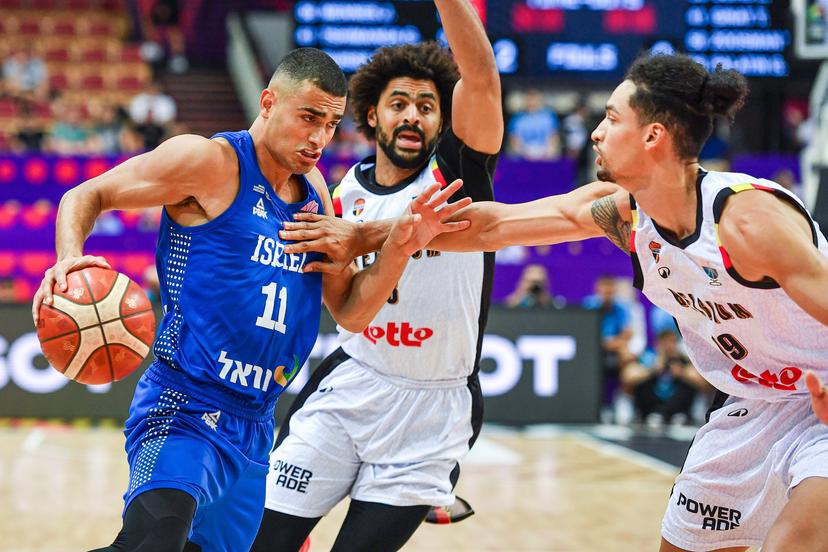 Israeli Yam Madar, Belgium's Jean-Marc Mwema and Belgium's Ismael Bako pictured in action during a basketball match between Belgium's national team Belgian Lions and Israel, Tuesday 02 September 2025 in Katowice, Poland, the fourth game of the group stage of the Eurobasket 2025 European championships, in the group D. BELGA PHOTO MARCIN BULANDA *** BELGIUM ONLY ***