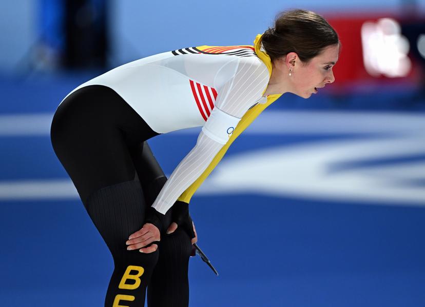 Belgian speed skater Sandrine Tas reacts after the Women's 5000m speed skating race at the Milano Cortina 2026 Olympic Winter Games, on Thursday 12 February 2026 in Milan, Italy. The XXV Winter Olympics take place from 6 to 22 February 2026 in Italy. BELGA PHOTO JASPER JACOBS