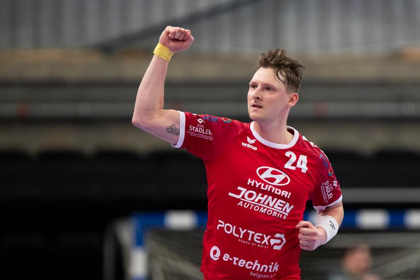 Eupen's Damian Kedziora reacts during a game between KTSV Eupen and HC Vise BM, Saturday 30 March 2024, in Hasselt, the men's final of the Belgian handball cup. BELGA PHOTO KRISTOF VAN ACCOM