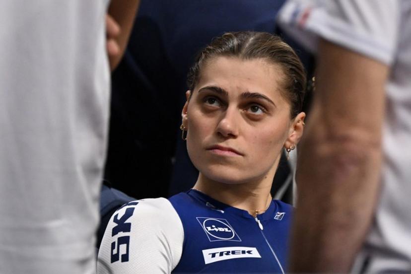 France's Clara Copponi looks on prior to competing in the Women's Points race during the fourth day of the UEC European Track Cycling Championships at the Omnisport indoor arena in Apeldoorn, on January 13, 2024.  JOHN THYS / AFP