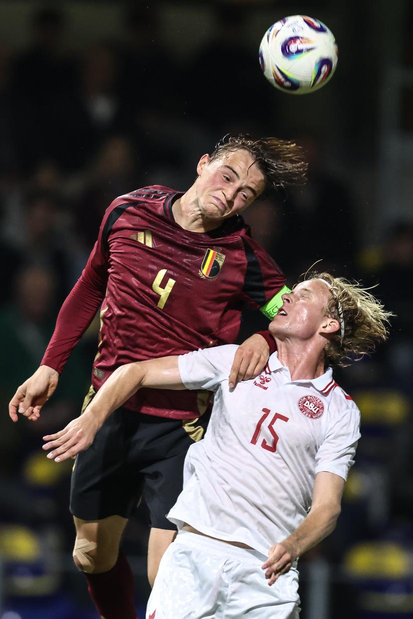 Belgium's Matte Smets and Danish Gustav Mortensen fight for the ball during a soccer game between the U21 youth team of the Belgian national team Red Devils and the U21 of Denmark, in Westerlo, on Tuesday 14 October 2025, game 3 (out of 8) of the qualifications for the 2027 UEFA European Under21 Championship. BELGA PHOTO BRUNO FAHY