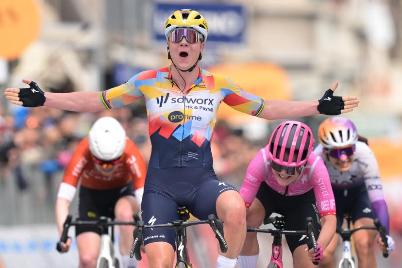 Belgian Lotte Kopecky celebrates as she crosses the finish line to win the 'Milano-Sanremo' one day cycling race for women, from Milan to San Remo, Italy, Saturday 21 March 2026. BELGA PHOTO DAVID PINTENS