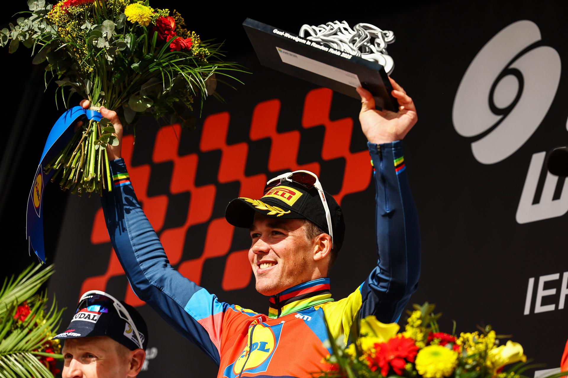 Danish Mads Pedersen of Lidl-Trek celebrates on the podium after winning the men elite 'Gent-Wevelgem - In Flanders Fields' one day cycling race, 250.3 km from Ieper to Wevelgem, Sunday 30 March 2025. BELGA PHOTO DAVID PINTENS