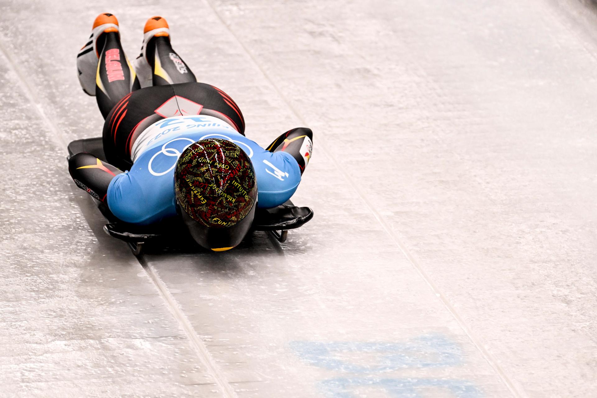 Belgian skeleton athlete Kim Meylemans pictured in action during the third run of the women's Skeleton event at the Beijing 2022 Winter Olympics in Beijing, China, Saturday 12 February 2022. The winter Olympics are taking place from 4 February to 20 February 2022. BELGA PHOTO LAURIE DIEFFEMBACQ