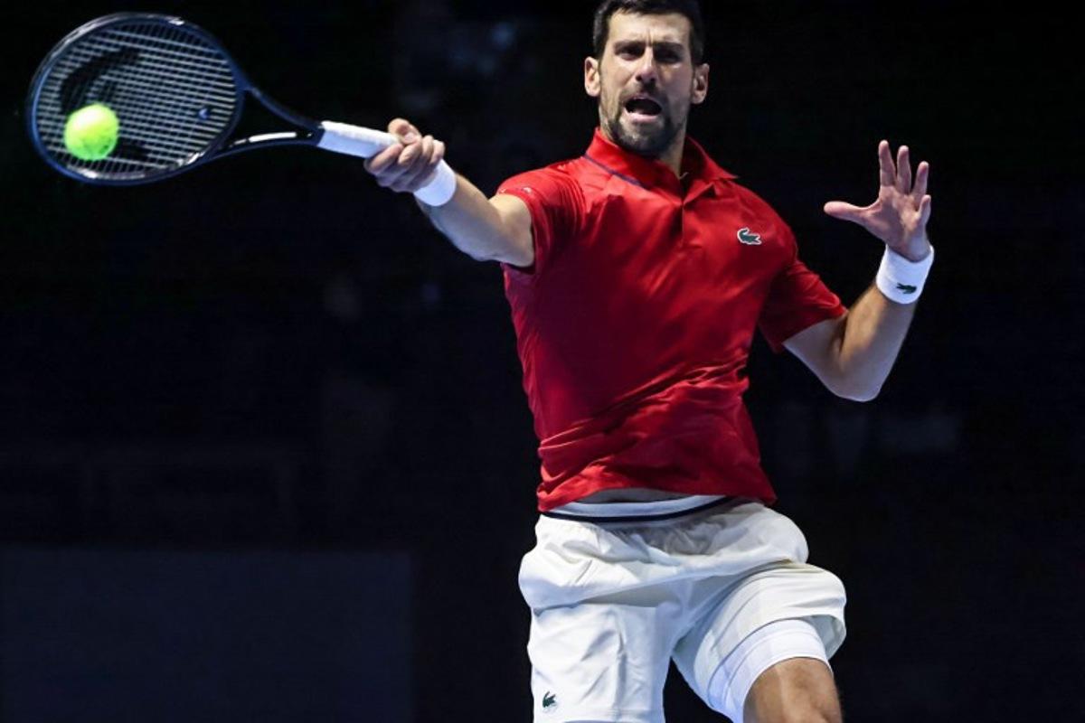 Serbia's Novak Djokovic hits a return against US' Taylor Fritz during the third-placed match at the Six Kings Slam exhibition tennis tournament in Riyadh on October 18, 2025.  Fayez NURELDINE / AFP