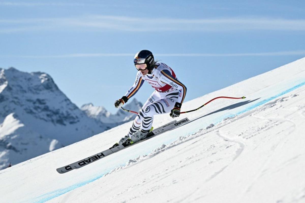 Germany's Emma Aicher competes in the women's downhill race part of the FIS Alpine Ski World Cup 2025-2026, in St Moritz, south-eastern Switzerland on December 12, 2025.  Fabrice COFFRINI / AFP