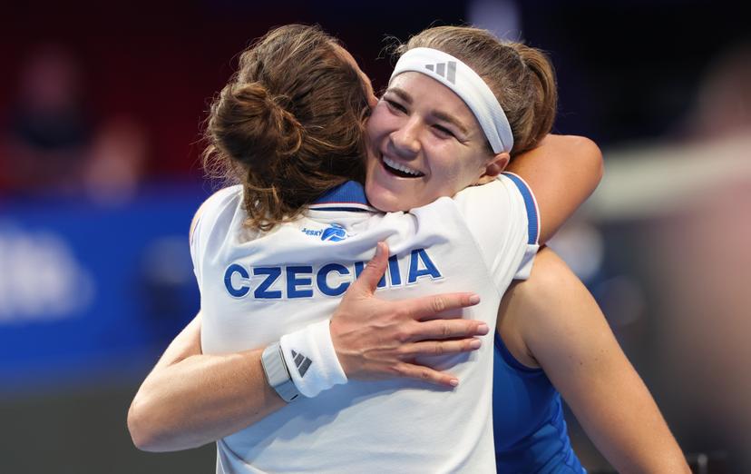 Czech Karolina Muchova and Barbora Strycova celebrate after winning the tennis match between Jessica Bouzas Maneiro of Spain and  Karolína Muchová of Czech Republic in the Semi Finals of the Billie King Cup tournament, on Friday 25 September 2026 in Shenzhen, China. BELGA PHOTO VIRGINIE LEFOUR
