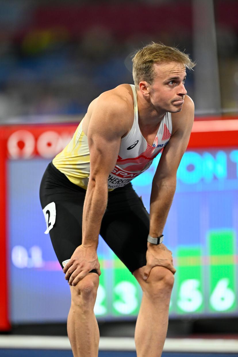 Belgian athlete Simon Verherstraeten after finishing 8th with an injury in the men's final of the 100m event  on the second day of the European Athletics Championships (August 10-18) in Birmingham, United Kingdom, on Tuesday 11 August 2026. BELGA PHOTO ERIC LALMAND