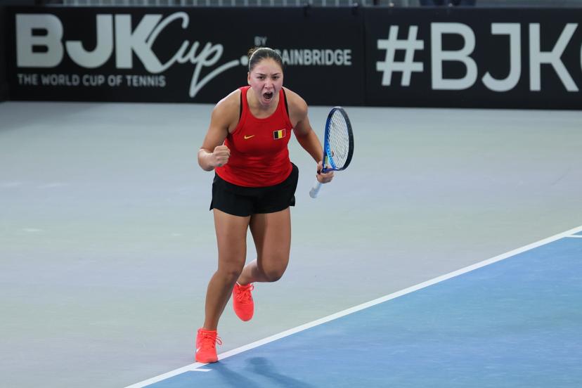 Belgian Sofia Costoulas reacts during the third game, a double game between Belgian pair Costoulas-Kempen and Turkish pair Aksu-Oz, in the Billie Jean King Cup Play-offs, between Belgium and Turkey, on Saturday 15 November 2025 in Ismaning, Germany. PHOTO BENOIT DOPPAGNE