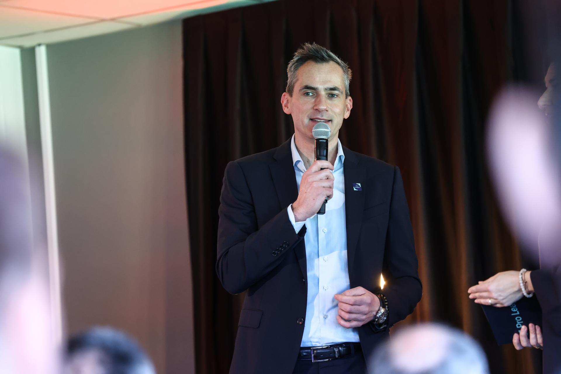 Pro League CEO Lorin Parys delivers a speech at the presentation of the youth plan "Play to Grow" by the Pro League, in Heverlee, Friday 21 February 2025. Sports directors and others will also talk about the challenges and solutions for young elite players. BELGA PHOTO BRUNO FAHY