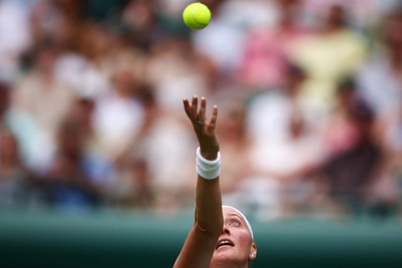Czech Republic's Petra Kvitova serves the ball to US player Emma Navarro during their women's singles first round tennis match on the second day of the 2025 Wimbledon Championships at The All England Lawn Tennis and Croquet Club in Wimbledon, southwest London, on July 1, 2025.  HENRY NICHOLLS / AFP