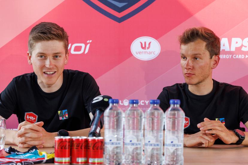Belgian Jenno Berckmoes of Lotto Cycling Team and Belgian Arjen Livyns of Lotto Cycling Team pictured during a press conference of the Lotto Cycling Team ahead of the Ronde van Vlaanderen / Tour des Flandres / Tour of Flanders cycling race, Friday 04 April 2025 in Sint-Martens-Latem. The 109th edition of the cycling race will take place on Sunday 06 April. BELGA PHOTO NICOLAS MAETERLINCK