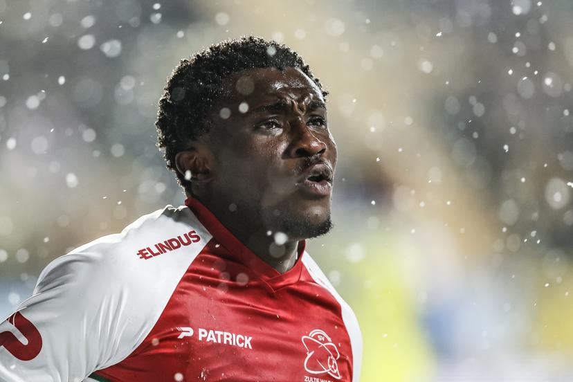 Essevee's Joseph Opoku celebrates after scoring during a soccer match between Sint-Truidense V.V. and Zulte Waregem, Sunday 15 February 2026 in Sint-Truiden, on day 25 of the 2025-2026 'Jupiler Pro League' first division of the Belgian championship. BELGA PHOTO BRUNO FAHY